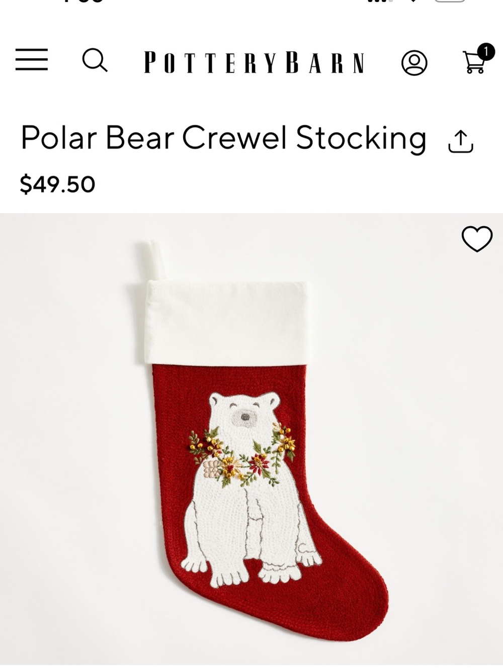 Pottery Barn Crewel Icons -  Polar Bear Christmas Stocking